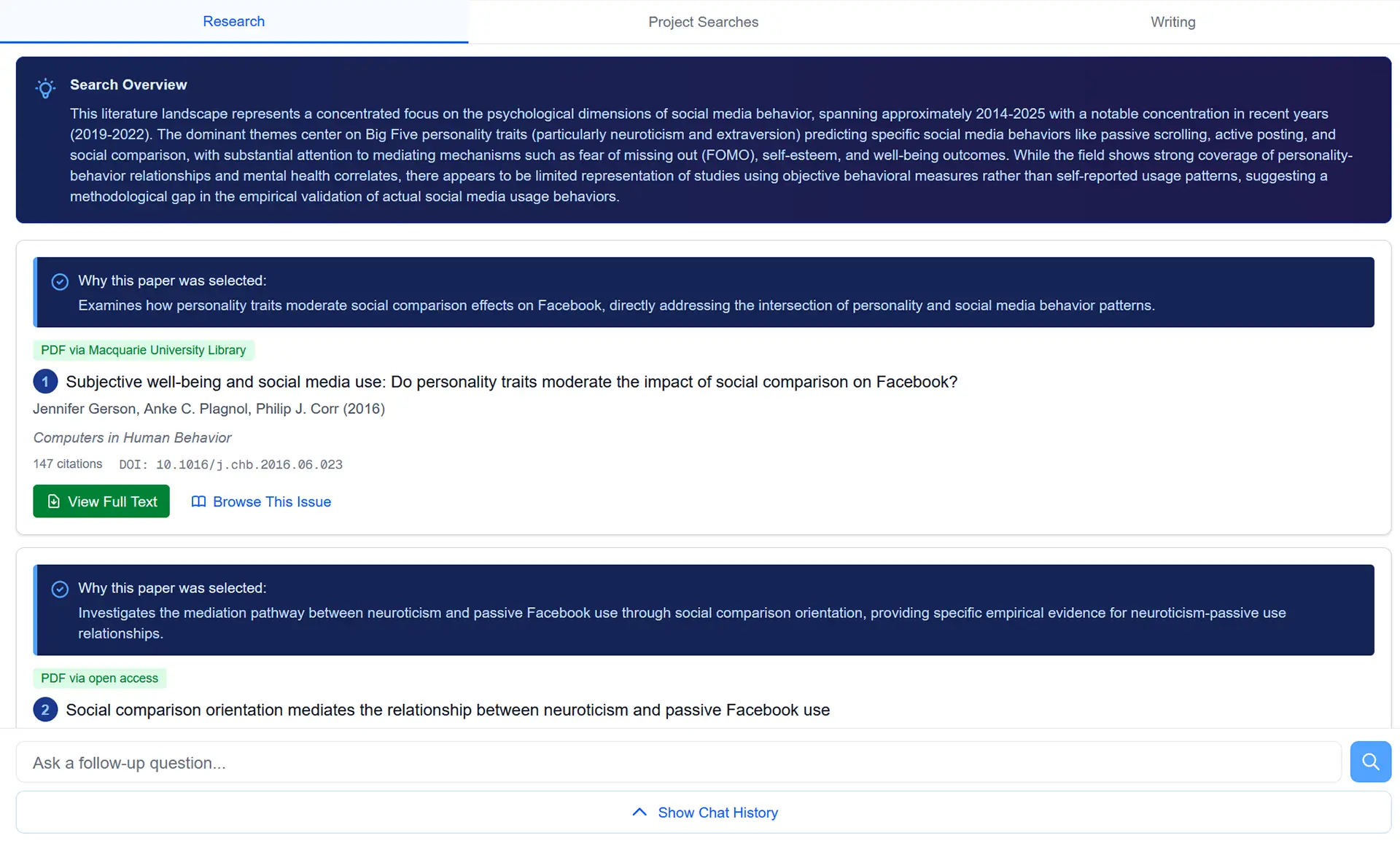 AI Research Assistant interface with a plain-language research prompt and ranked results