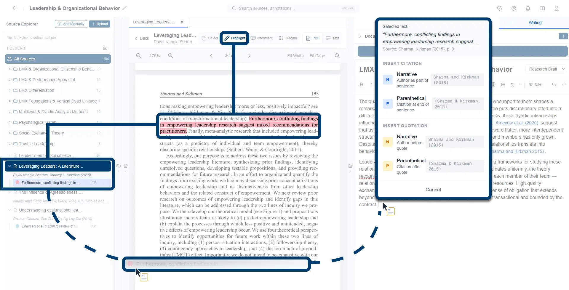 Annotation being dragged from a source into the Writer, with the citation insertion menu generating parenthetical and narrative options