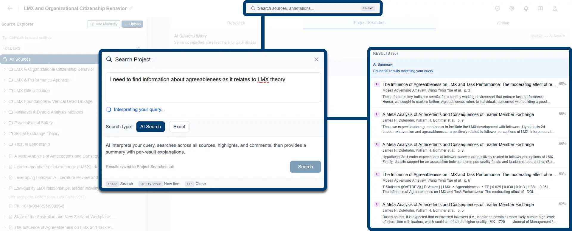 Global search across project sources with AI-interpreted natural language query and ranked results