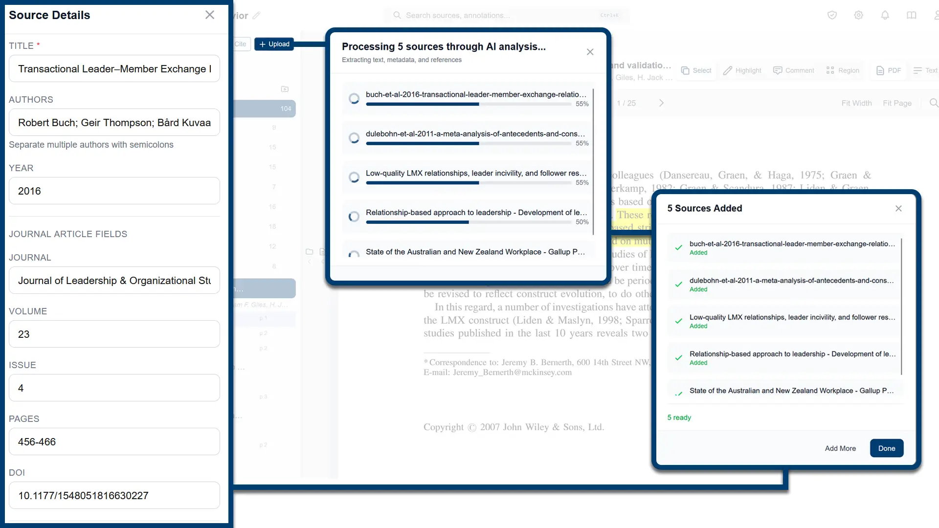 Source Details panel with extracted title, authors, journal, volume, issue, pages, and DOI alongside batch upload progress and confirmation