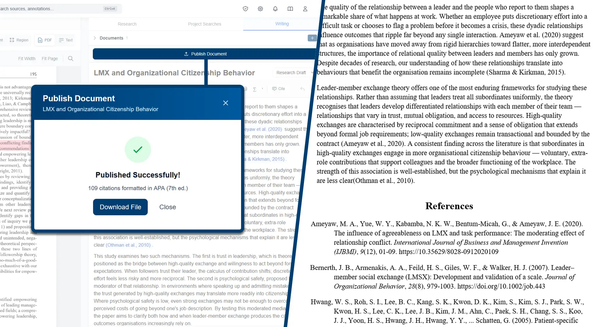Writer with the Publish Document confirmation and Download File button on the left, the rendered Word document with in-text citations and a properly formatted APA References section on the right