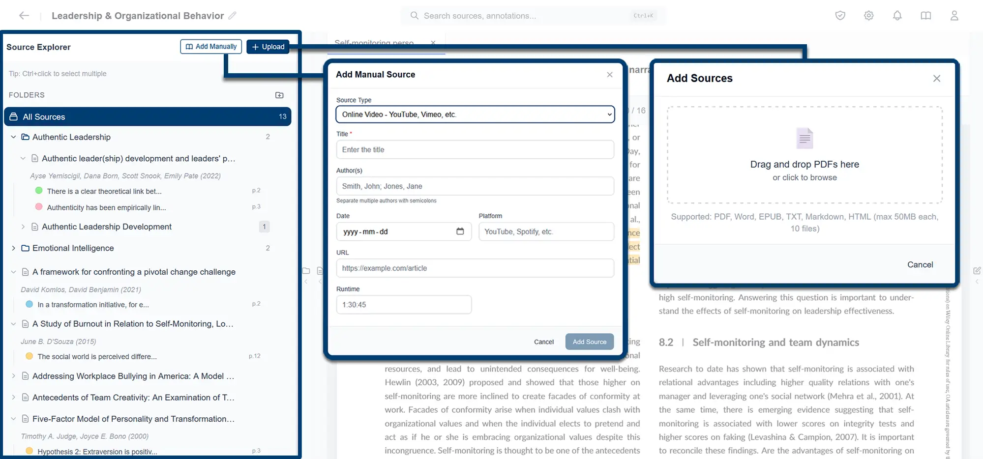 Source Explorer panel showing uploaded sources organized into folders with annotations