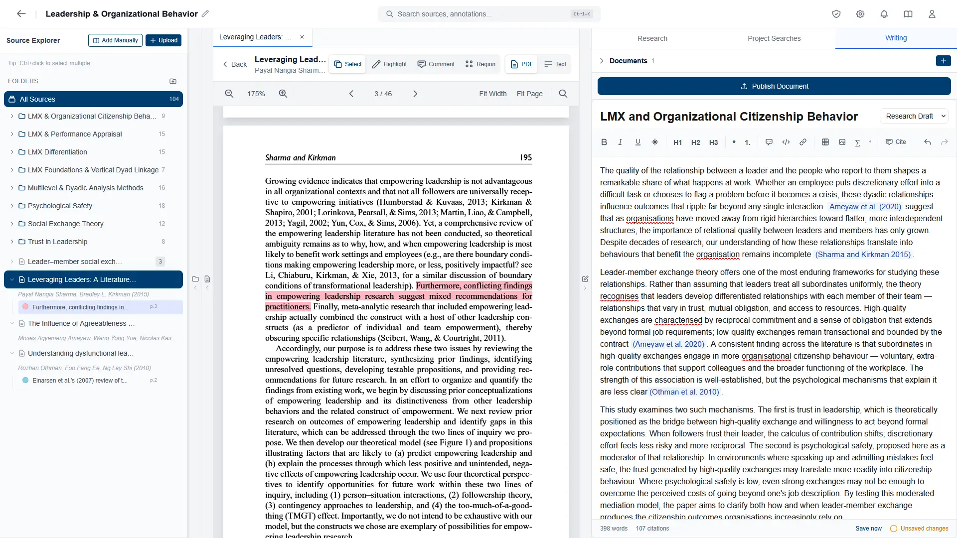 Full CrucibleIQ workspace with sources, reader, and writer all visible while drafting a paper